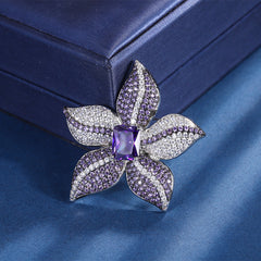 Five Petal Floral Silver Plated CZ Copper Anti Tarnish Brooch For Women