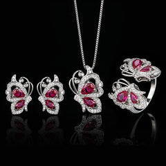 Butterfly Pink Silver Cubic Zirconia Anti Tarnish Necklace Earring Ring Set For Women