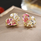 White Pink Heart Bow Gold Pearl Cubic Zirconia Stud Earrings For Women