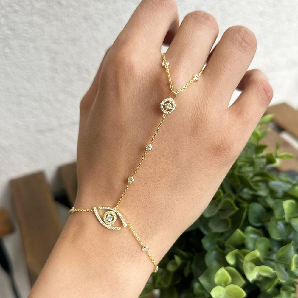 Luxury Evil Eye Circle Charm Gold Plated CZ Copper Hand Chain Bracelet