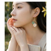Blue White Daisy Flower Gold Enamel Copper Dangler Earrings For Women
