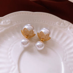 Flower Cubic Zirconia Pearl 18K Gold Silver White Anti Tarnish Stud Earring For Women