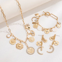 Coin Star Sun Moon Clouds Universe 18K Gold Anti Tarnish Necklace Earring Bracelet Set For Women