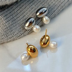 Gold Silver Oval Pearl Anti Tarnish Copper Drop Earrings For Women