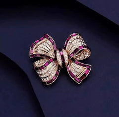 Bow Burgundy Baguette Rose Gold Silver Plated CZ Enamel Copper Brooch