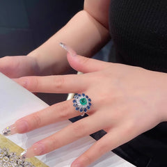 Sunflower Blue Green Gemstone Silver Cubic Zirconia Necklace Earring Ring Set For Women