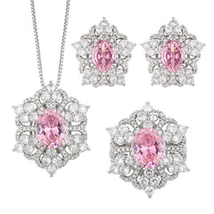 Flower Red Gemstone Silver Cubic Zirconia Necklace Earring Ring Set For Women