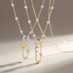 Celestial Safety Pin Rose Silver Gold CZ Anti Tarnish Copper Necklace