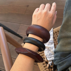 Round Wooden Black Brown Cuff Kada Bracelet For Women