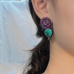 Flower Purple Green Black Anti Tarnish Necklace Chain Eaering Set For Women