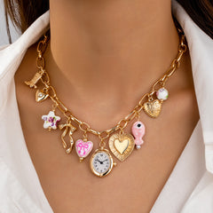 Luxury Vintage Pink & Blue Watch Charm Gold Plated Beads Necklace
