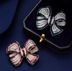 Bow Burgundy Baguette Rose Gold Silver Plated CZ Enamel Copper Brooch