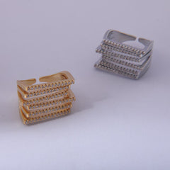 Multi Layer Square Gold Plated CZ Copper Anti Tarnish Cocktail Ring