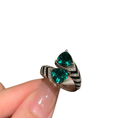 Drop Emerald Green Solitaire Black CZ Silver Anti Tarnish Ring