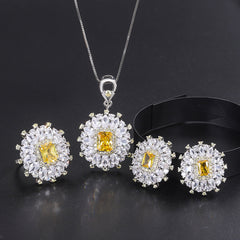 Flower Rectangle Yellow Gemstone Silver Cubic Zirconia Necklace Earring Ring Set For Women