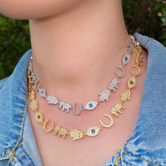 Evil Eye Hamsa Elephant 18K Gold Silver CZ Anti Tarnish Necklace