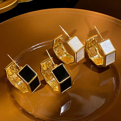 Hexagon Rectangle Enamel White Black 18K Gold Plated Anti Tarnish Hoop Earring For Women