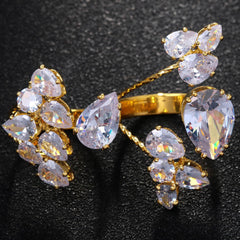 Flower Solitaire 18K Gold Silver Anti Tarnish Adjustable Dual Finger Ring For Women