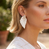 White Leaf Drop Gold Plated Dangler Earrings For Women