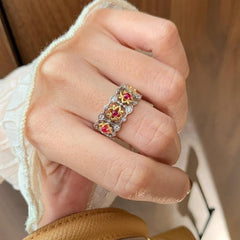Flower Pink Gold Silver Cubic Zirconia Anti Tarnish Adjustable Ring For Women