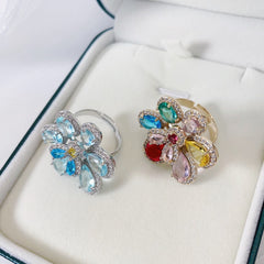 Blue Multi Color Flower Gold Plated CZ Copper Adjustable Cocktail Ring