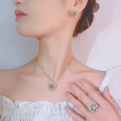 Flower Red Gemstone Silver Cubic Zirconia Necklace Earring Ring Set For Women