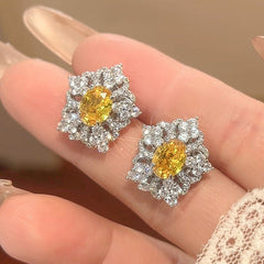 Flower Red Gemstone Silver Cubic Zirconia Necklace Earring Ring Set For Women