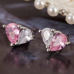 Heart Cut Pink & White Gold Silver Plated CZ Copper Necklace Earring Set