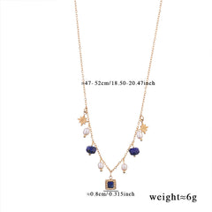Pearl Star Blue Beads Charm Necklace Pendant Chain For Women