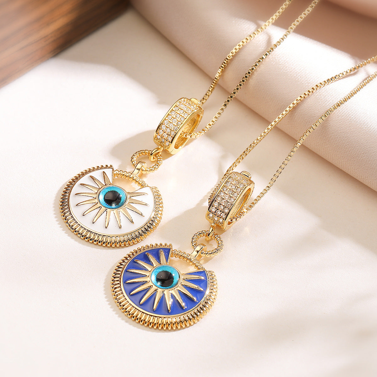 White Blue Evil Eye Gold Enamel Copper Pendant Chain For Women