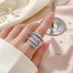 Multi Layer Baguette Silver Plated CZ Copper Adjustable Cocktail Ring