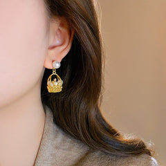 Gold Basket Pearl Anti Tarnish Copper Dangler Earrings For Women