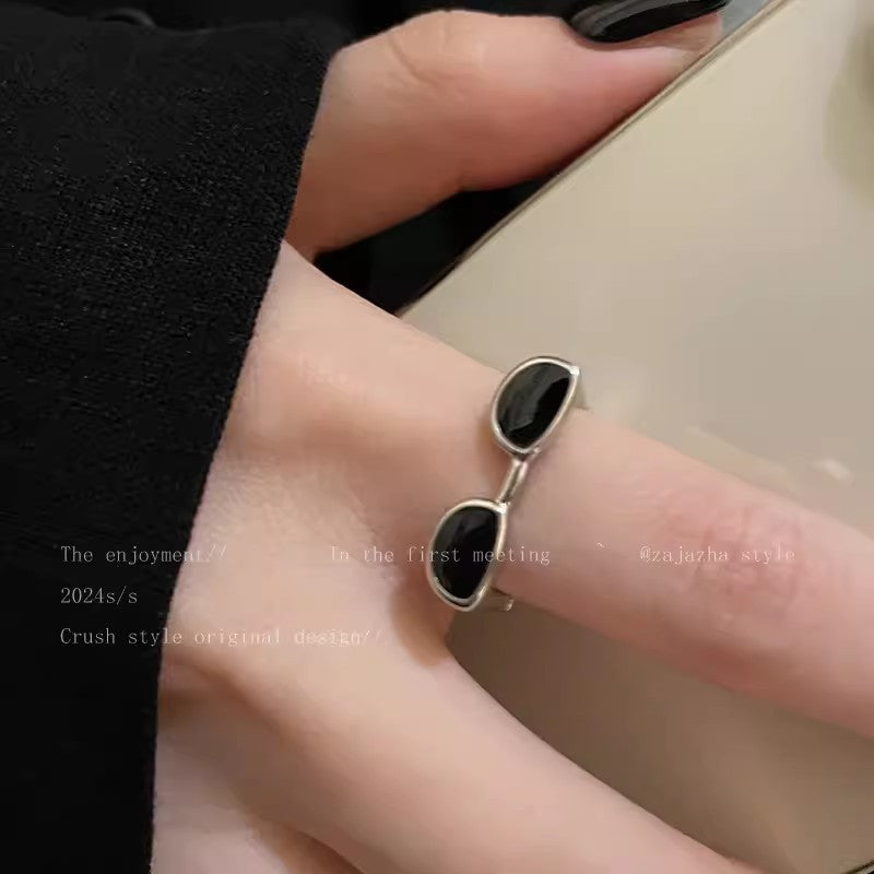 Glasses Black Silver Anti Tarnish Free Size Band Ring For Women