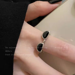Glasses Black Silver Anti Tarnish Free Size Band Ring For Women