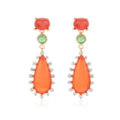Multi Color Gemstone Gold Plated White CZ Teardrop Dangler Earrings