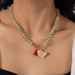 Heart Crystal Multicolor Beads 18K Gold Charm Necklace For Women