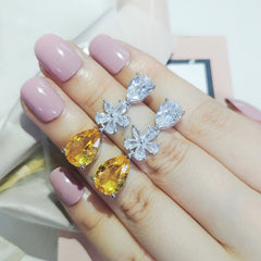 Solitaire Flower Drop Silver Yellow Anti Tarnish Dangler Earring For Women