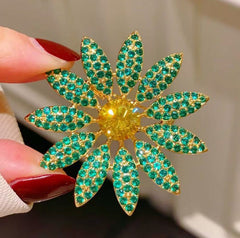 Green White Flower Gold Cubic Zirconia Copper Brooch Women