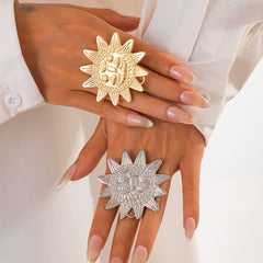 Star Sun Face 18K Gold Silver Big Free Size Ring For Women