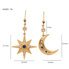 Star Moon 18K Gold Cubic Zirconia Anti Tarnish Dangler Hoop Earring For Women