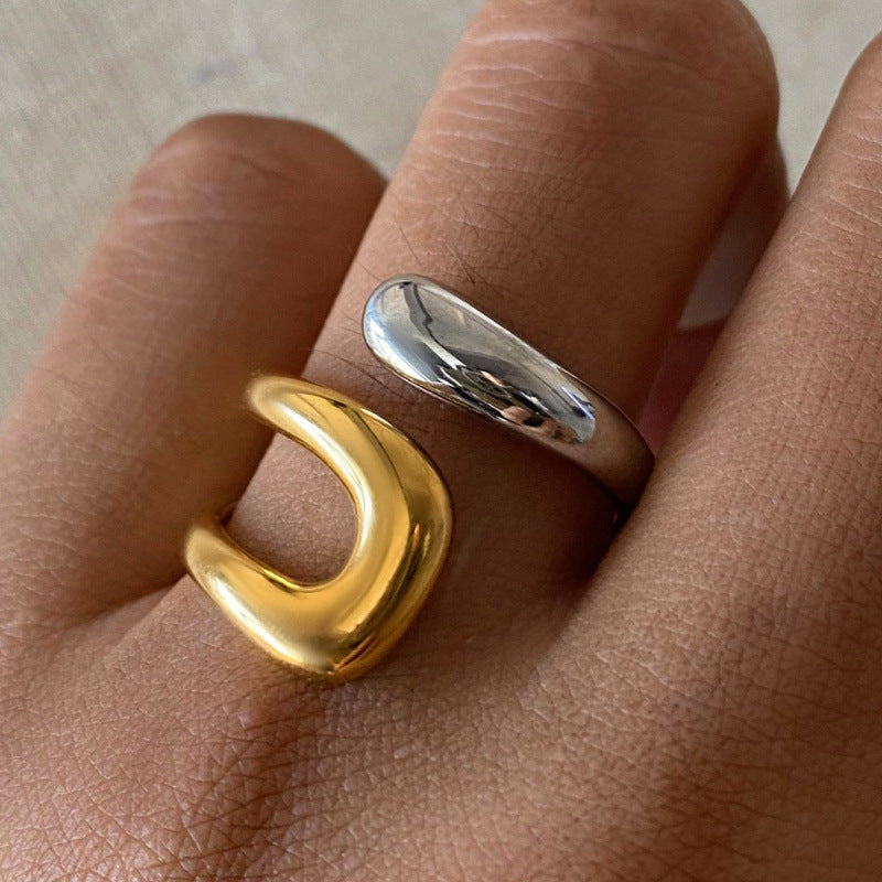 Luxury Minimalist Moon & Oval Dome Gold Silver Plated Alloy Fancy Ring