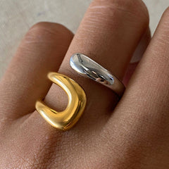 Luxury Minimalist Moon & Oval Dome Gold Silver Plated Alloy Fancy Ring