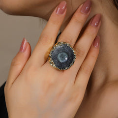 Black Pink Gemstone Crystal 18K Gold Adjustable Ring For Women