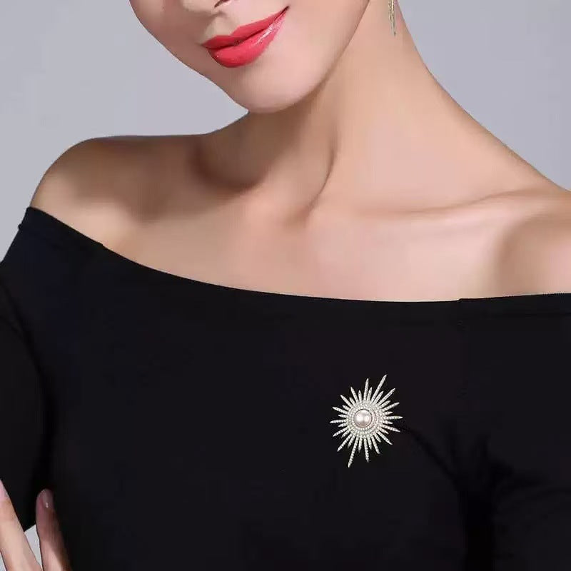 Designer Sunburst Gold Silver Plated CZ Pearl Alloy Brooch For Women