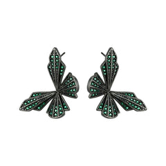 Modern Geometric Butterfly Wings Black Green CZ Copper Stud Earrings