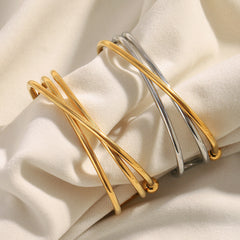 Dual Cross 18K Gold Stainless Steel Anti Tarnish Silver Openable Cuff Kada For Women