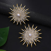 Gold Sunburst Gold CZ Pearl Anti Tarnish Copper Stud Earrings
