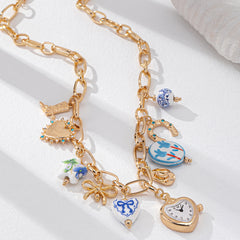 Luxury Vintage Pink & Blue Watch Charm Gold Plated Beads Necklace