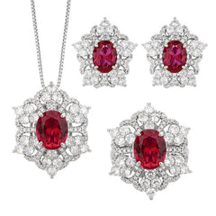 Flower Red Gemstone Silver Cubic Zirconia Necklace Earring Ring Set For Women