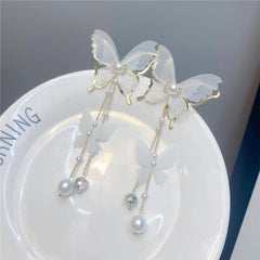 Fairy 18K Gold Long Butterfly White Pearl Anti Tarnish Necklace Earrings Set For Women